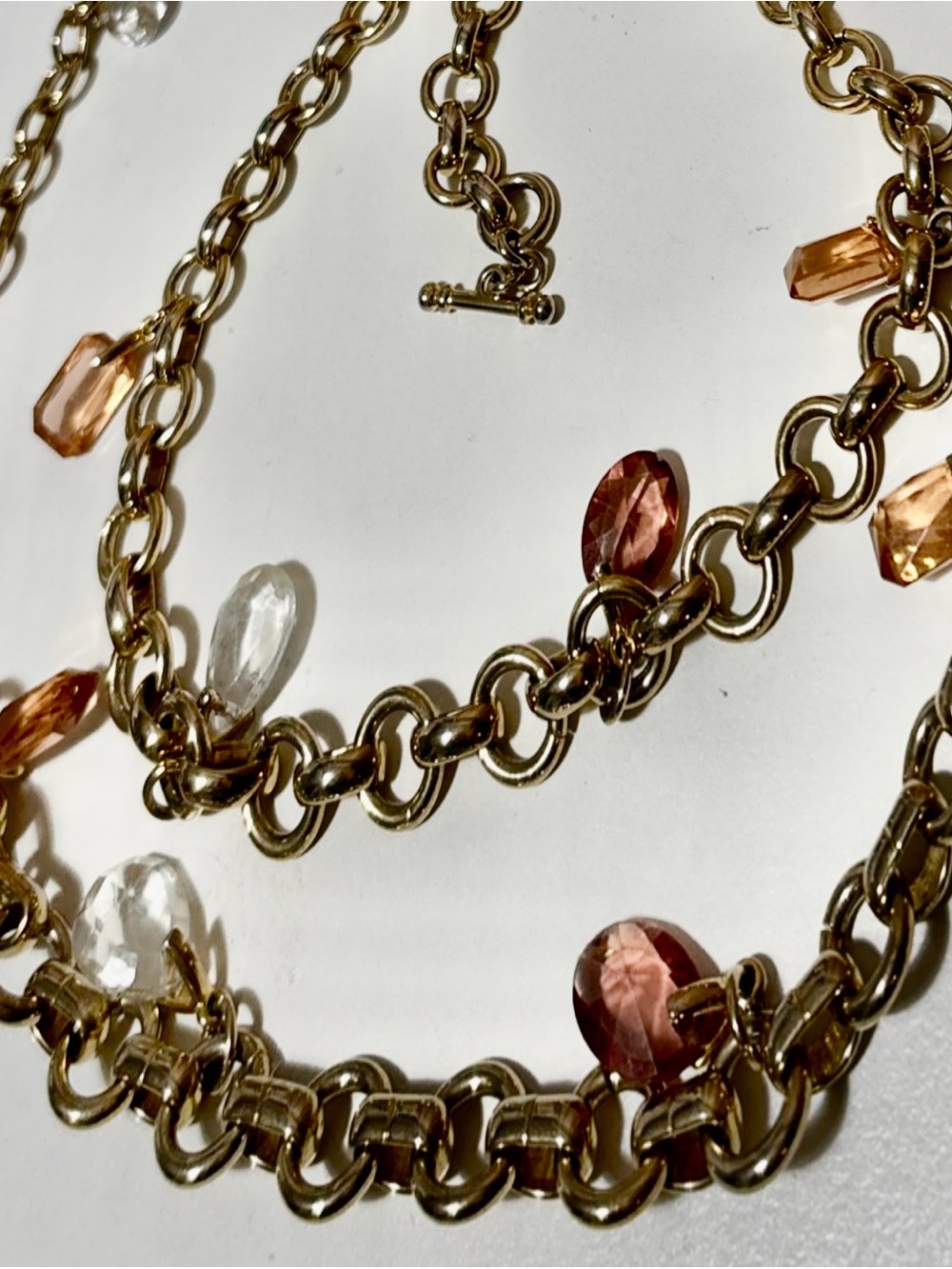 Gold Tone Waist Chain Gypsy Belt Amber  & Clear Crystal Drops Adjustable 44”